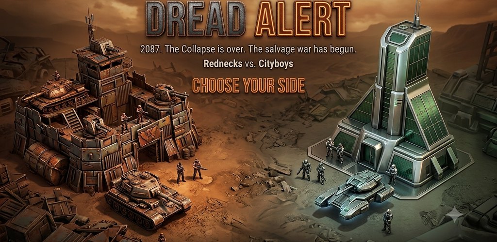Dread Alert key art: a rusted Redneck fortress faces a green glass Cityboy tower across a wasteland