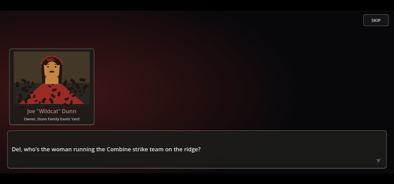 A cutscene panel with a portrait of Joe Wildcat Dunn and a line of dialogue